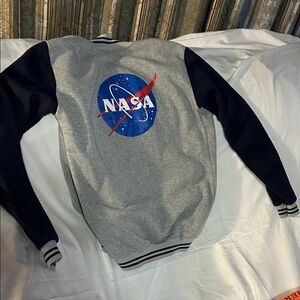 NASA snap front boys(?) long sleeve grey jacket with black trim. 2 side pockets
